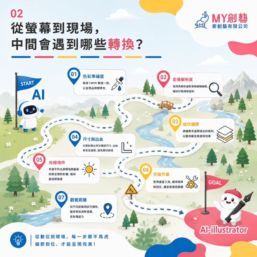 設計菁英之路 02：從螢幕到現場，AI 設計到大圖輸出會遇到的色彩、解析度、紙材、出血、光線、安裝、觀看距離 7 大轉換難點 - MY 創藝麥創藝有限公司